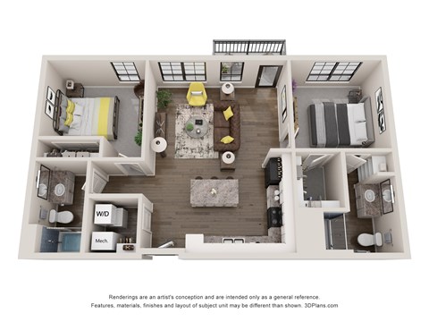 A 3D floor plan of a small apartment with a kitchen, living room, and bedroom.